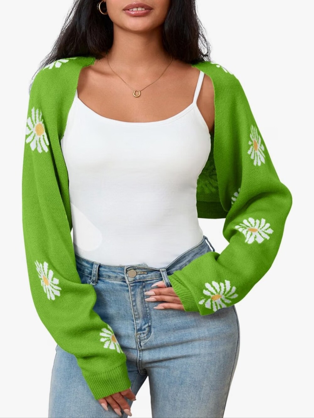 Green Daisy Cropped Cardigan Sweater - Women